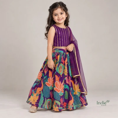Purple Floral Abstract Crop Top And Skirt With Dupatta
