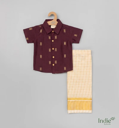 Dark Berry Block Print Shirt Paired with Gold Border Dhoti