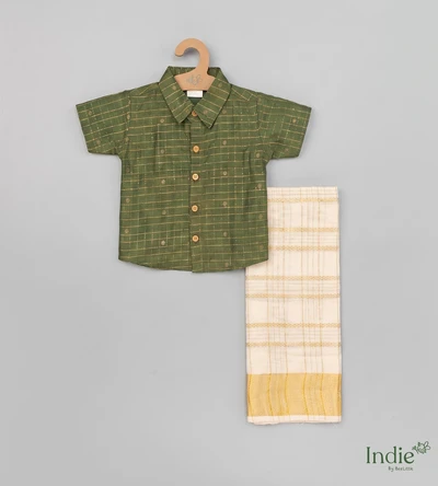 Dark Green Checkered Shirt Paired with Gold Border Dhoti