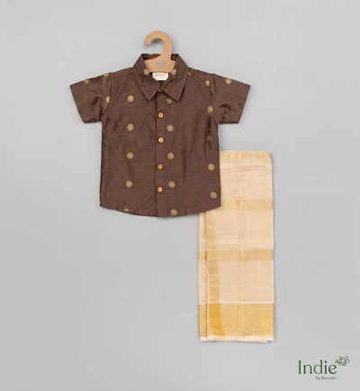 Brown Shirt with Gold Polka Motifs Paired with Gold Border Dhoti