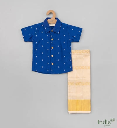 Royal Blue Shirt with Dainty Floral Motifs Paired with Gold Border Dhoti