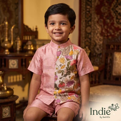 Multi Floral Printed Raw Silk Shirt And Shorts