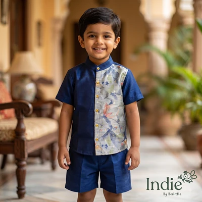 Royal Blue Foliage Print Raw Silk Shirt And Shorts