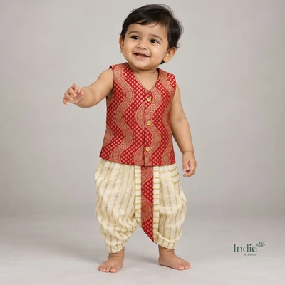 Rani Pink Tissue Stripes V-Neck Jabla And Panjakajam