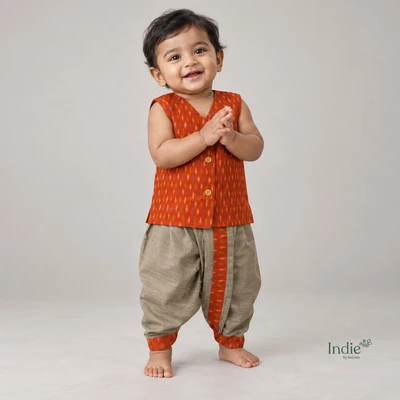 Rust Orange Silk Ikkat V-Neck Jabla And Panjakajam