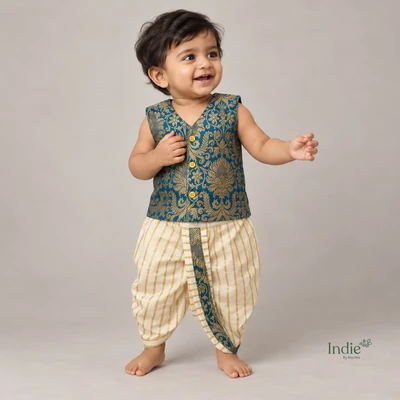 Peacock Blue Banarasi V-Neck Jabla And Panjakajam