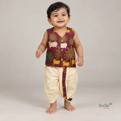 Burgundy Pichwai V-Neck Jabla And Panjakajam