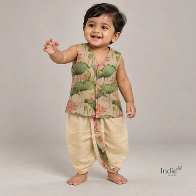 Pink Lotus With Tissue Golden Buttas V-Neck Jabla And Panjakajam
