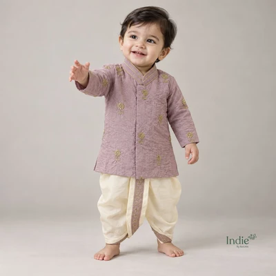 Dusty Mauve Gold Embroidery Short Kurta With Dhoti