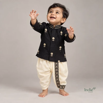 Black Crushed Gold Embroidery Short Kurta With Dhoti