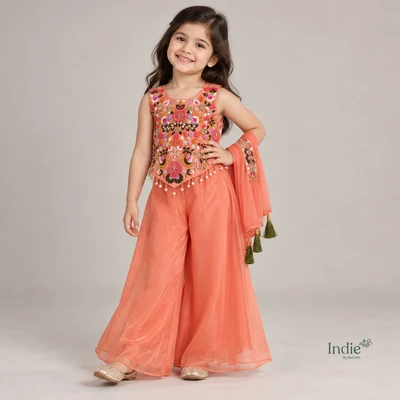 Coral Embroidered Peplum Top & Palazzo Set