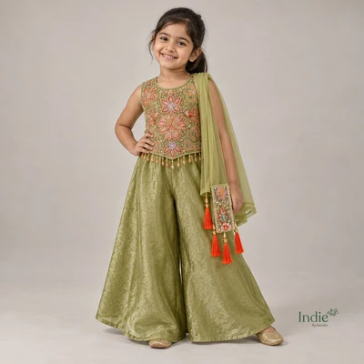 Olive Green Embroidered Peplum Top & Palazzo Set