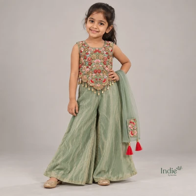 Teal Blue Embroidered Peplum Top & Palazzo Set