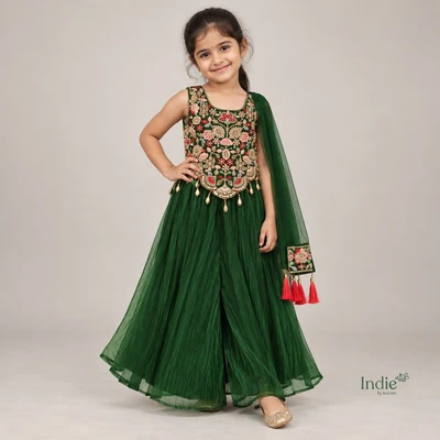 Bottle Green Embroidered Peplum Top & Palazzo Set