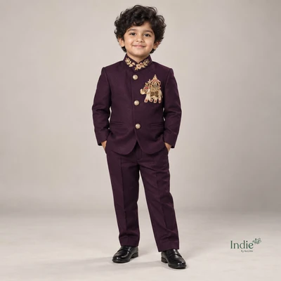Deep Purple Elephant Embroidered Velvet Suit with Pant