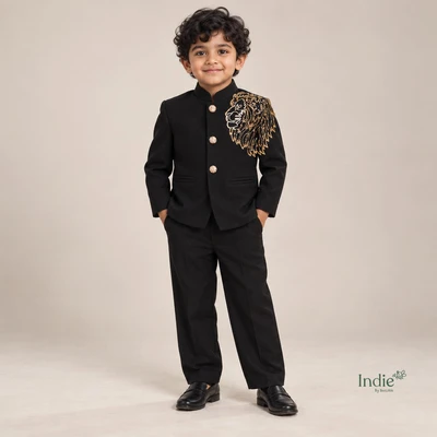 Jet Black Lion Embroidered Ethnic Suit With Pant