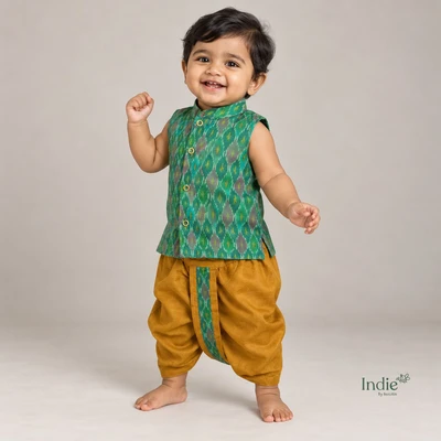 Bottle Green And Mustard Silk Ikkat Collar Jabla With Panjakajam