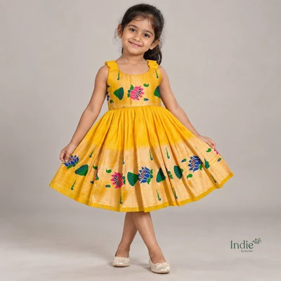 Yellow Scalloped Sleeve Paithani Frock