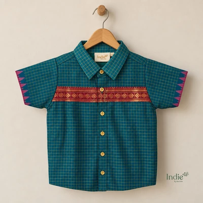 Teal Kanchi Checked Shirt With Traditional Border