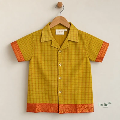 Mustard Kanchi Checked Shirt With Traditional Border