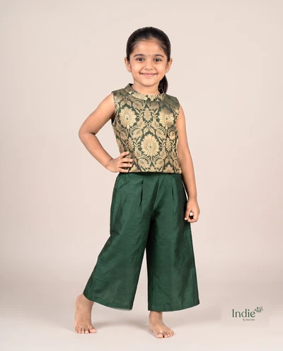 Bottle Green Banarasi Top And Pant
