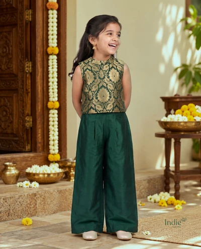 Bottle Green Banarasi Top And Pant