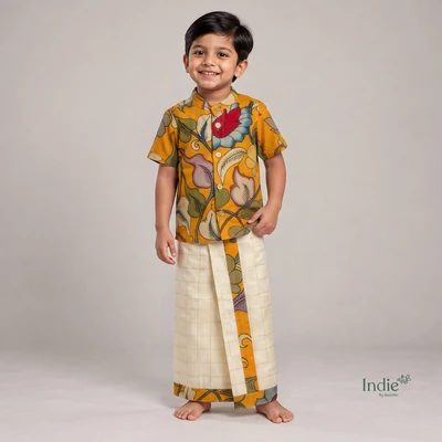 Yellow Pen Kalamkari Shirt With Checked Dhoti Set