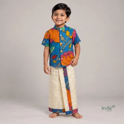 Dark Blue Pen Kalamkari Shirt With Checked Dhoti Set