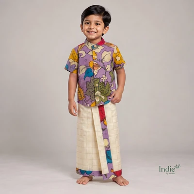 Purple Pen Kalamkari Shirt With Checked Dhoti Set