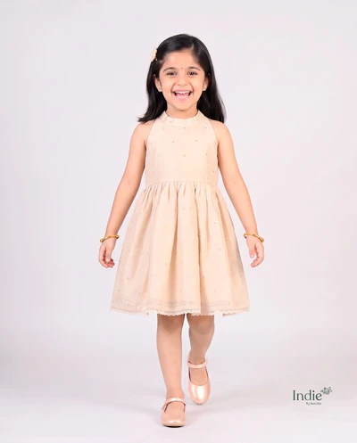 Lite Peach Chanderi Silk Halter Neck Frock