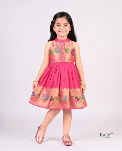 Rani Pink Paithani Halter Neck Frock