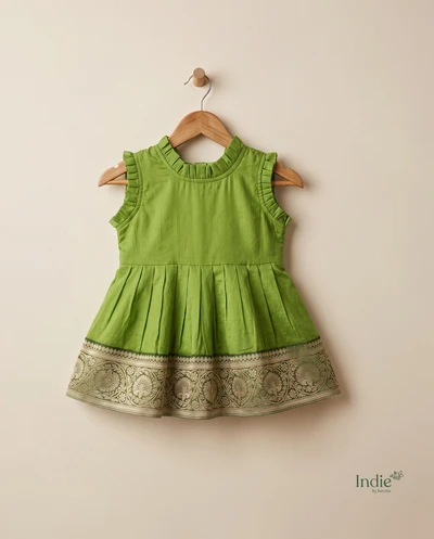 Parrot Green With Dark Green Chanderi Neck Frill Frock