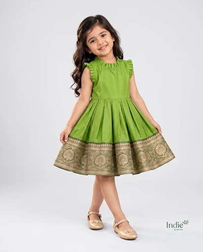 Parrot Green With Dark Green Chanderi Neck Frill Frock