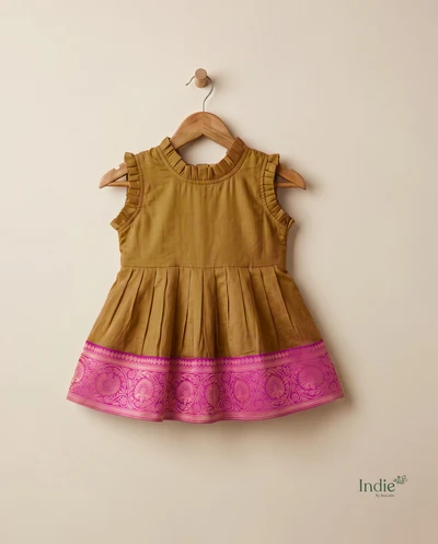 Coco Brown With Pink Chanderi Neck Frill Frock