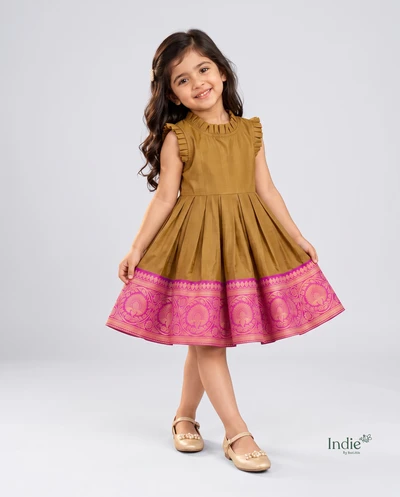 Coco Brown With Pink Chanderi Neck Frill Frock