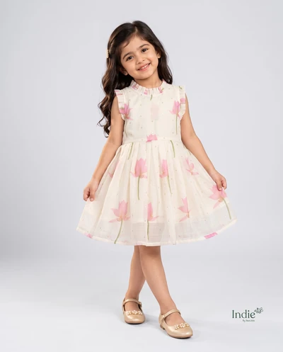 Off White Lotus Tissue Neck Frill Frock
