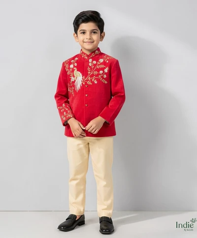 Golden Zari Embroidered Dark Pink Kurta With Beige Pant