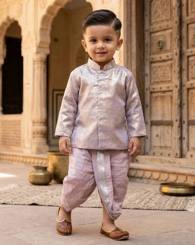 Purple Silk Metallic Tissue Kurta With Dhoti