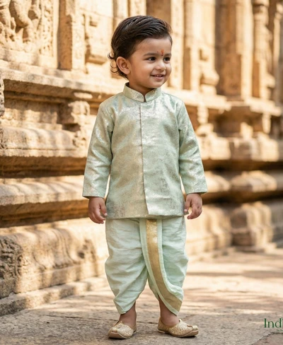 Green Silk Metallic Tissue Kurta With Dhoti