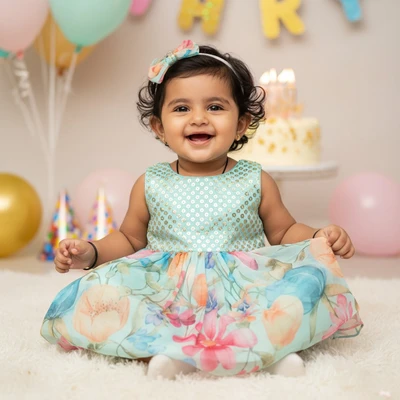 Floral Printed Dress With Green Sequins
