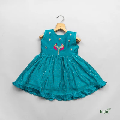 Pink Peacock Embroidered Bottom Ruffle Dress With Tie-Back