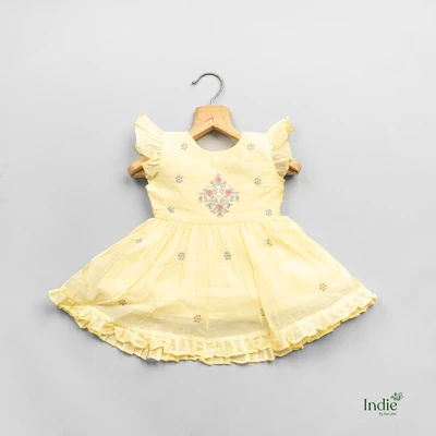 Flower Butta Embroidered Yellow Dress With Tie - Back