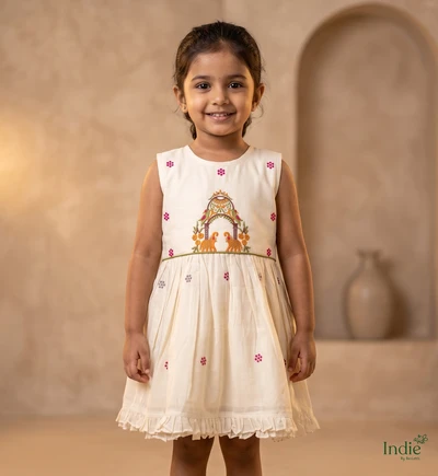 Offwhite Orange Elephant Embroidered Dress With Tie-Back