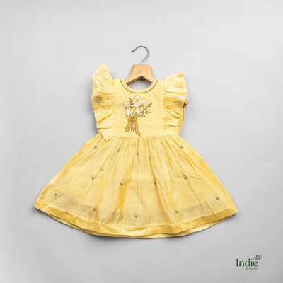 Yellow Floral Embroidered Ruffle Dress With Tie-Back