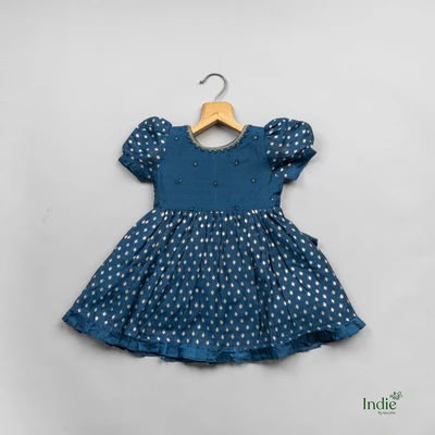 Peacock Green Puff Sleeve Fancy Dress With Tie-Back