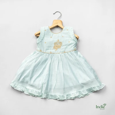 Light Blue Embroidered Dress With Tie-Back