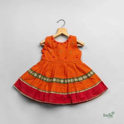 Red Bordered Butta Embroidered Orange Dress With Tie-Back