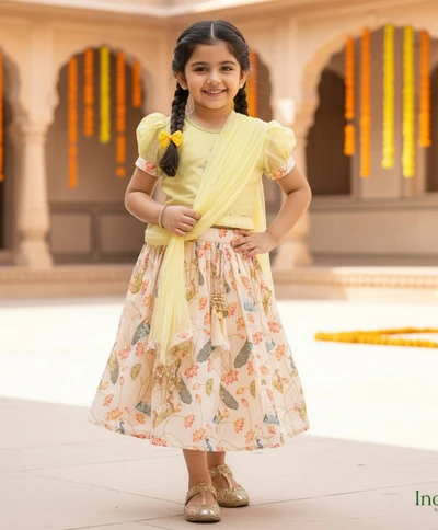 Olive Green Puff Sleeve Top And Pleated Lehenga With Dupatta