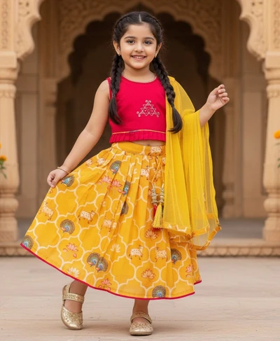 Triangle Embroidered Megenta Top And Pleated Lehenga