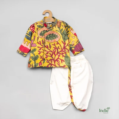 Red Floral Printed Yellow Kurta With Dhoti